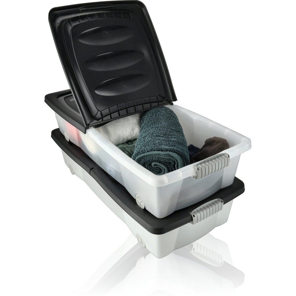 Discountershop 2x Opbergbox - Onderbedbox 32 L zwart 80 x 40 x 17 cm- deksel met clipsluiting Discountershop 2x Opbergbox - Onderbedbox 32 L zwart 80 x 40 x 17 cm- deksel met clipsluiting