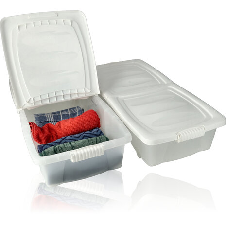 Discountershop Opbergbox Wit 32L met Deksel en Wieltjes -Set van 2– 79x39x17 cm – Voor Slaapkamer, Keuken en Opslag