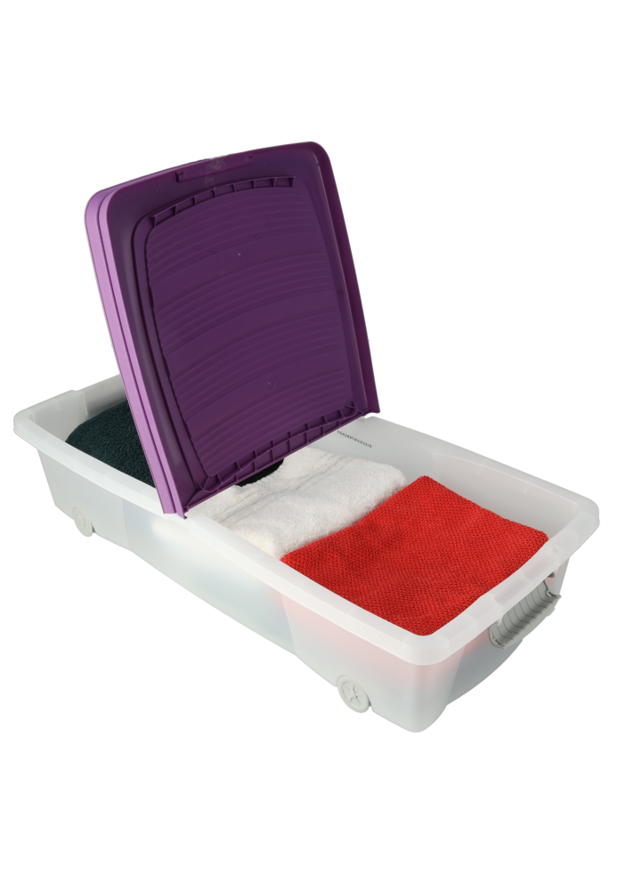 Opbergbox 32L met Wielen – Transparante Kunststof Box met Paars Deksel – Opslagbox voor Slaapkamer, Keuken of Schuur – 79x39x17 cm Opbergbox 32L met Wielen – Transparante Kunststof Box met Paars Deksel – Opslagbox voor Slaapkamer, Keuken of Schuur – 79x39x17 cm