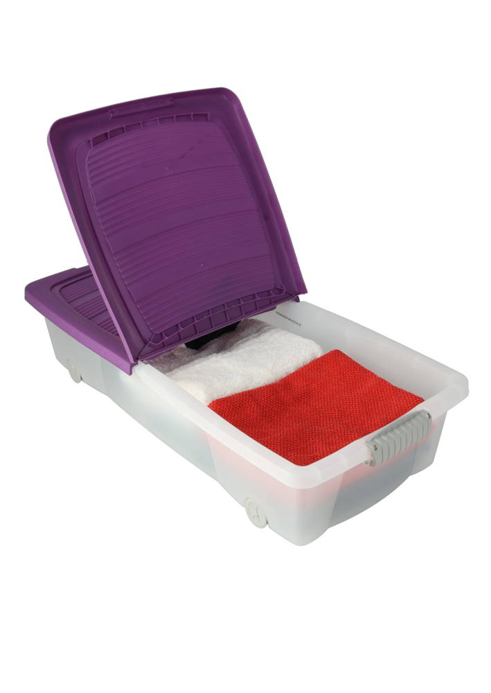 Opbergbox 32L met Wielen – Transparante Kunststof Box met Paars Deksel – Opslagbox voor Slaapkamer, Keuken of Schuur – 79x39x17 cm Opbergbox 32L met Wielen – Transparante Kunststof Box met Paars Deksel – Opslagbox voor Slaapkamer, Keuken of Schuur – 79x39x17 cm