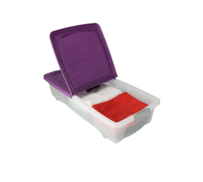 Storage Box 32L with Wheels – Transparent Plastic Box with Purple Lid – Storage Box for Bedroom, Kitchen or Shed – 79x39x17 cm Storage Box 32L with Wheels – Transparent Plastic Box with Purple Lid – Storage Box for Bedroom, Kitchen or Shed – 79x39x17 cm