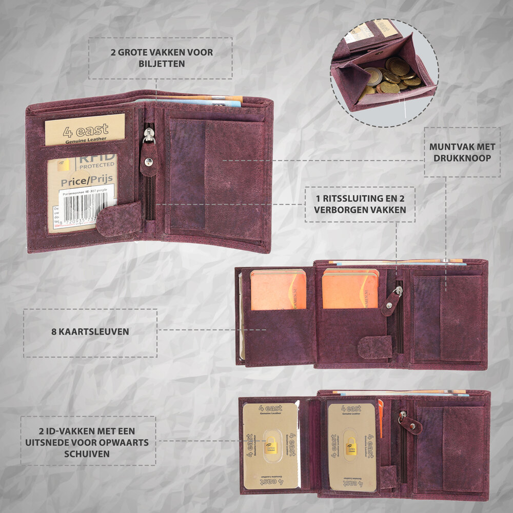 4 East Leather Wallet for Men with Coin Pocket | 8 Credit Card Slots & Hidden Pockets | Mens Wallet with RFID In Genuine Leather – Billfold - Purple | 11X9X2cm 4 East Leather Wallet for Men with Coin Pocket | 8 Credit Card Slots & Hidden Pockets | Mens Wallet with RFID In Genuine Leather – Billfold - Purple | 11X9X2cm
