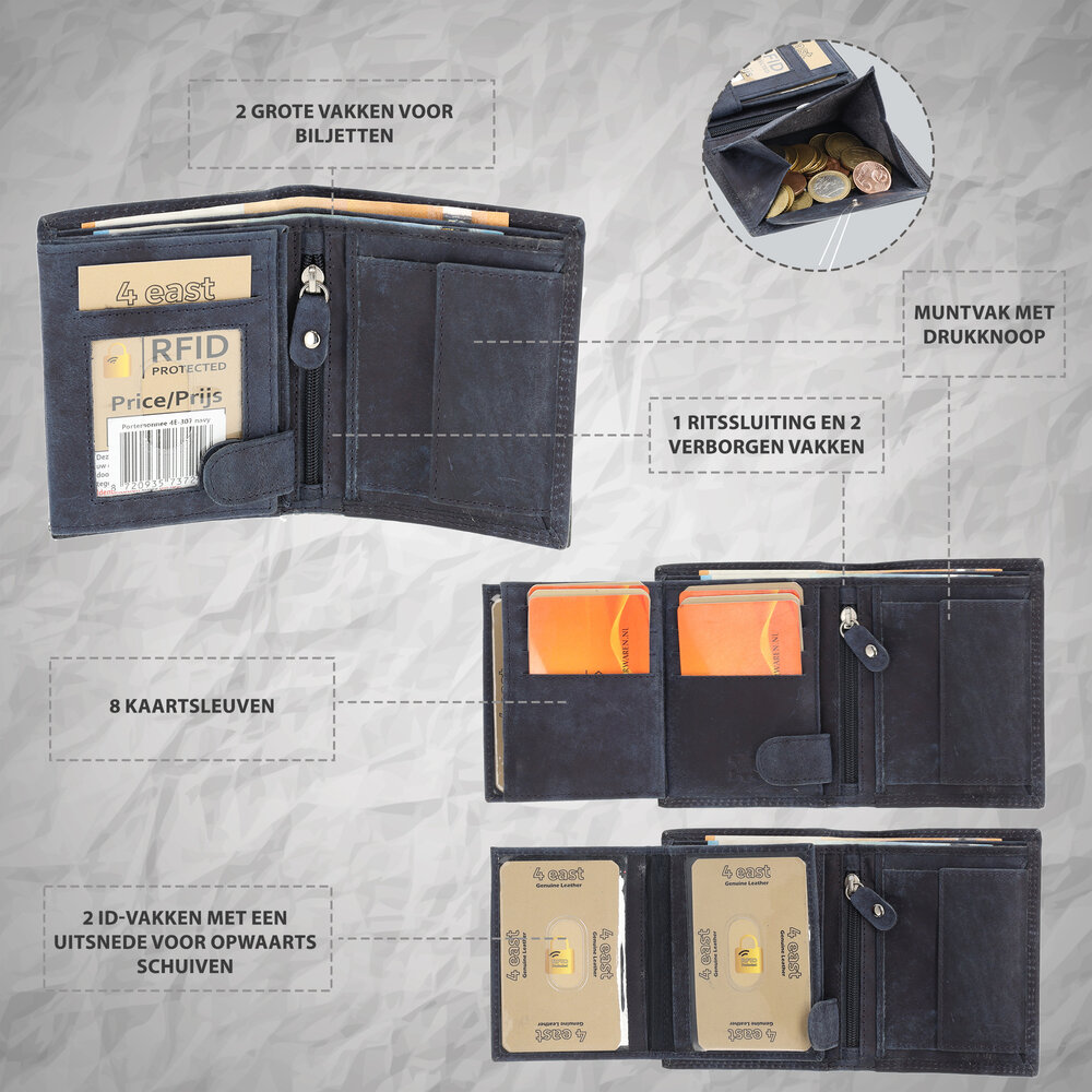 4 East Leather Wallet With RFID Protection | 8 Card Slots, Coin Pocket & Hidden Pockets | Genuine Leather | Navy Leather Wallet for Men & Women | 11X9X2cm | Ideal Gift for All 4 East Leather Wallet With RFID Protection | 8 Card Slots, Coin Pocket & Hidden Pockets | Genuine Leather | Navy Leather Wallet for Men & Women | 11X9X2cm | Ideal Gift for All