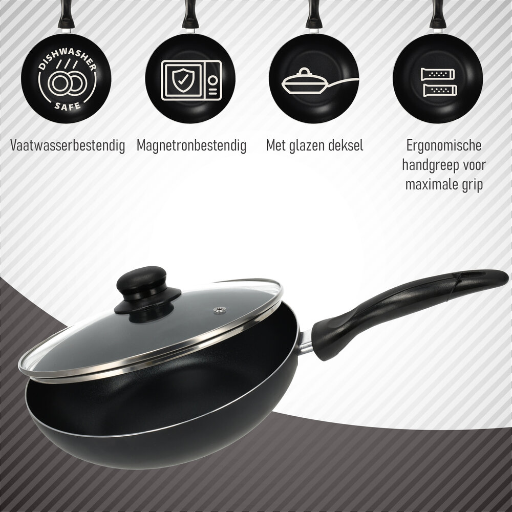 Discountershop Non-Stick Cooking Pan 24cm with Lid | Frying Pan for Gas, Electric, Ceramic & Halogen | Cool Touch Handle | Aluminium Frying Pan - Dishwasher Safe & Microwave Safe
