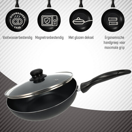 Discountershop Non-Stick Cooking Pan 24cm with Lid | Frying Pan for Gas, Electric, Ceramic & Halogen | Cool Touch Handle | Aluminium Frying Pan - Dishwasher Safe & Microwave Safe