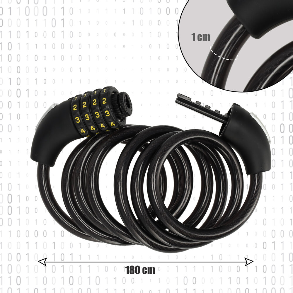 Discountershop 1x Top Quality Black Bicycle Lock Set with Number and Cable Lock - Anti-Theft, Lightweight (85g), 180cm x 10mm Discountershop 1x Top Quality Black Bicycle Lock Set with Number and Cable Lock - Anti-Theft, Lightweight (85g), 180cm x 10mm