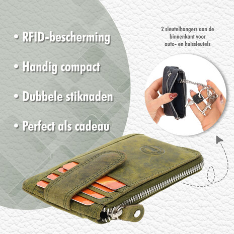 4 East Sleutelhanger portemonnee | unisex - rfid bescherming | mini portemonnee met rits & pasjehouder | 4 kaartsleuven & 2 sleutelring | 12.5x8x1cm -olive 4 East Sleutelhanger portemonnee | unisex - rfid bescherming | mini portemonnee met rits & pasjehouder | 4 kaartsleuven & 2 sleutelring | 12.5x8x1cm -olive