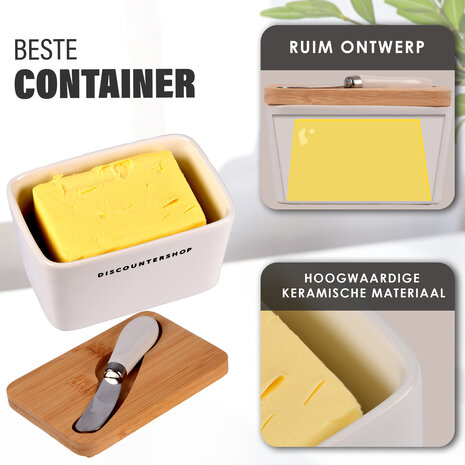 Discountershop Botervloot  met Multifunctioneel Botermes | Botervloot met Bamboe Deksel | Boterdoos in Wit & Beige | Keramiek Botervloot  | 14 cm x 9.5cm x 8.5cm | 500ml - 3 stuks