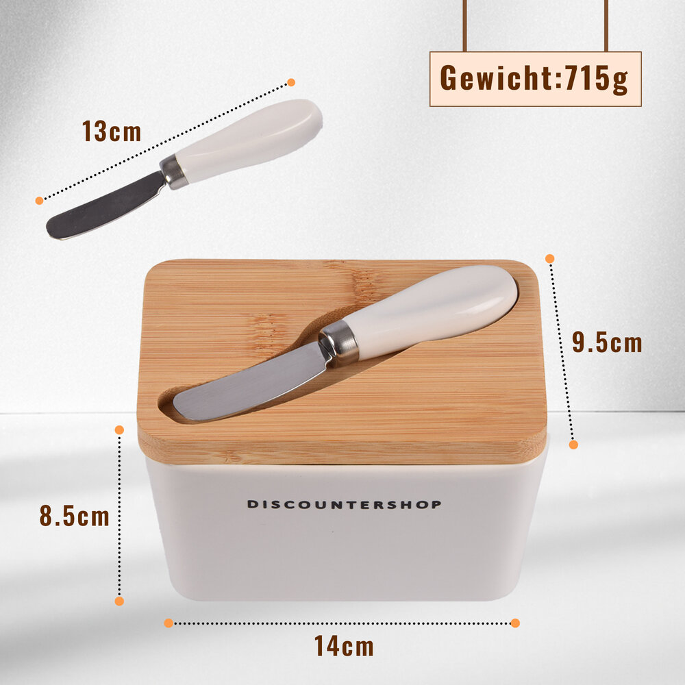 Discountershop Botervloot  met Multifunctioneel Botermes | Botervloot met Bamboe Deksel | Boterdoos in Wit & Beige | Keramiek Botervloot  | 14 cm x 9.5cm x 8.5cm | 500ml - 3 stuks