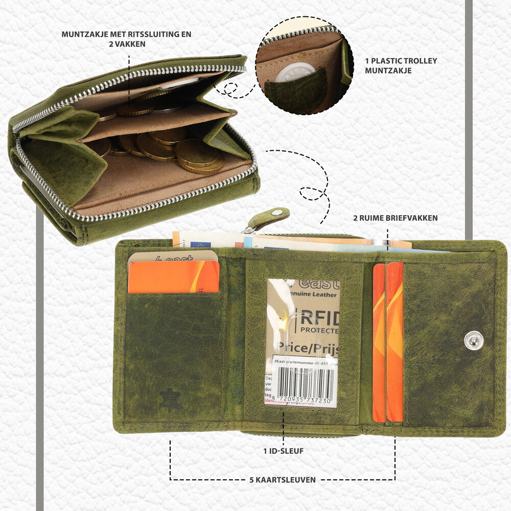 4 East Unisex Leather Wallet with Zipper | 5 Credit Card Slots & Coin Pocket | Pure Leather Wallet with RFID Protection - Olive | 11X9X3cm 4 East Unisex Leather Wallet with Zipper | 5 Credit Card Slots & Coin Pocket | Pure Leather Wallet with RFID Protection - Olive | 11X9X3cm