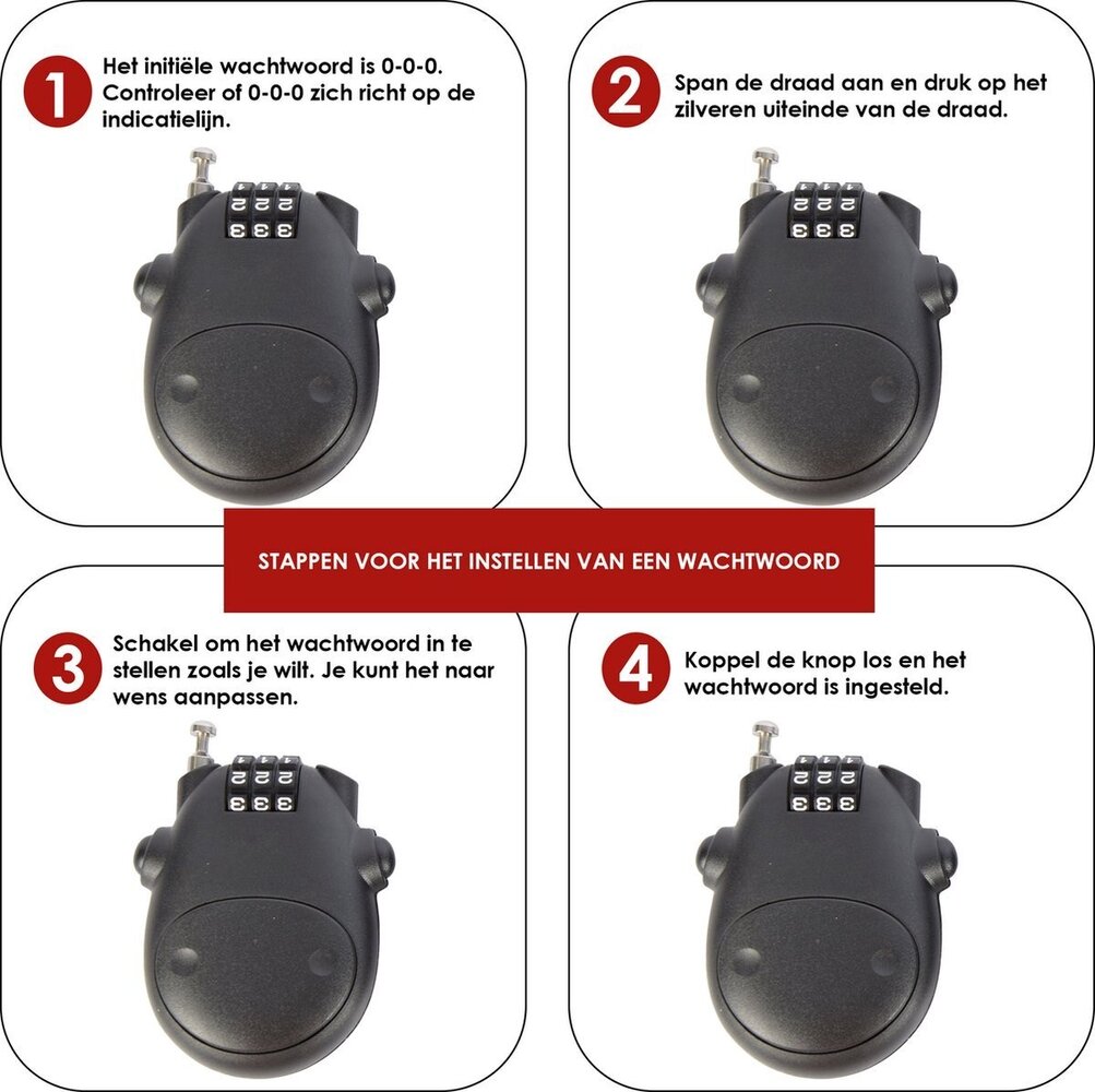 Discountershop Set of 3 Black Ski-Snowboard Locks - Combination Lock and Chain Lock for the Bicycle, Luggage, Wintersport & More - 80cm Cable Length