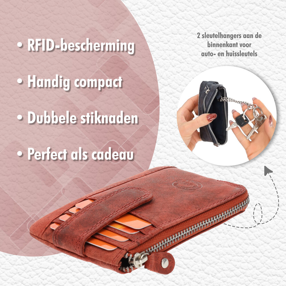 4 East Mini portemonnee sleutelhanger | unisex rfid sleuteletui | mini portemonnee met rits | 4 pasjeshouder, 2 sleutelring &muntvak | 12.5x8x1cm - rood