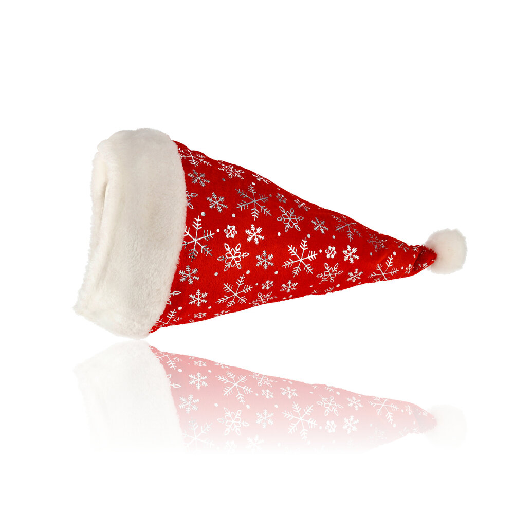 Discountershop Kerstmuts Volwassenen Unisex met Sneeuwvlokken - 62cm Hoofd - Rood Wit Pluche - Goedkope Kerstmuts voor Mannen en Vrouwen - Perfect voor Kerstoutfits, Nieuwjaar en Sinterklaas!