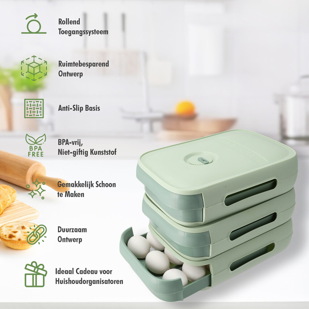 Discountershop Egg Tray Holder for Fridge - 18 Eggs - Space Saving Automatic Egg Dispenser - Green Stackable Egg Tray With Lid Discountershop Egg Tray Holder for Fridge - 18 Eggs - Space Saving Automatic Egg Dispenser - Green Stackable Egg Tray With Lid