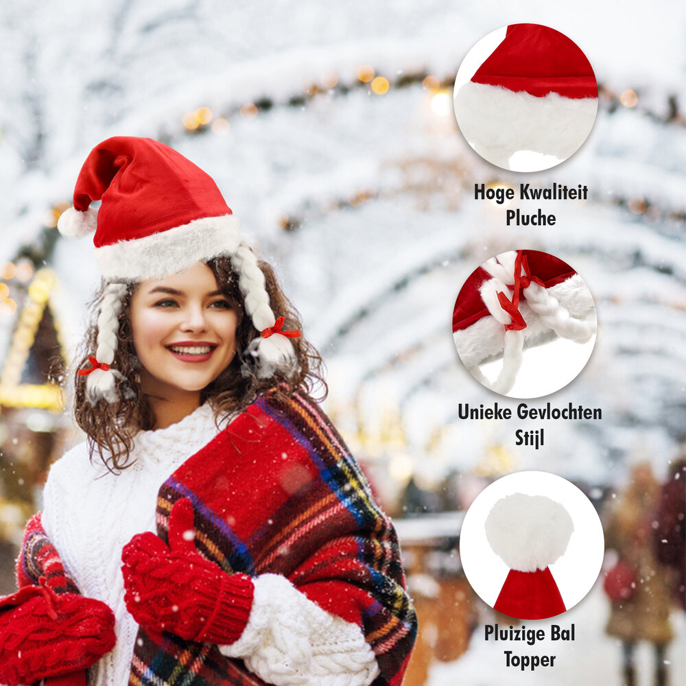 Discountershop Funny Christmas Hat Set of 2 - For Women & Men - with Tail & Braids - Circumference 61 cm - Red Christmas Caps for Party Outfits Discountershop Funny Christmas Hat Set of 2 - For Women & Men - with Tail & Braids - Circumference 61 cm - Red Christmas Caps for Party Outfits