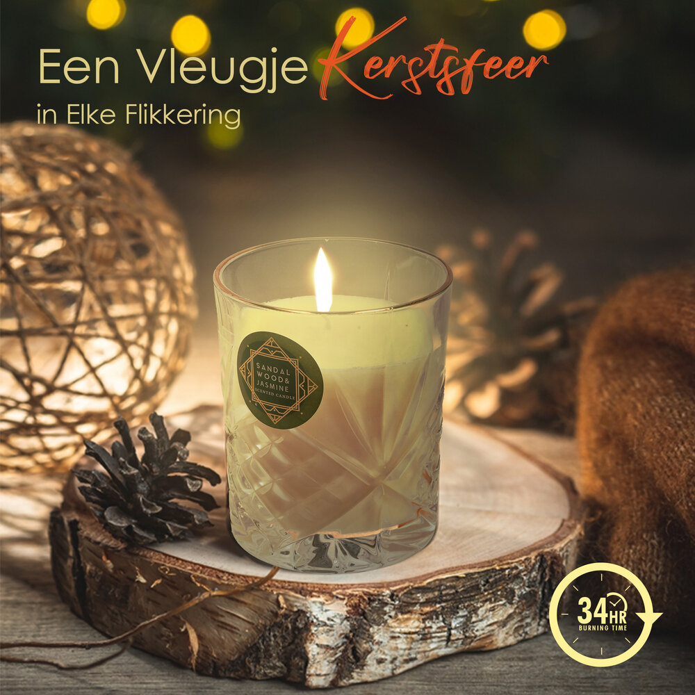 Merkloos Geurkaars in Glas sandalwood Jasmine - Luxe Scented Candle - 34 uur Brandduur