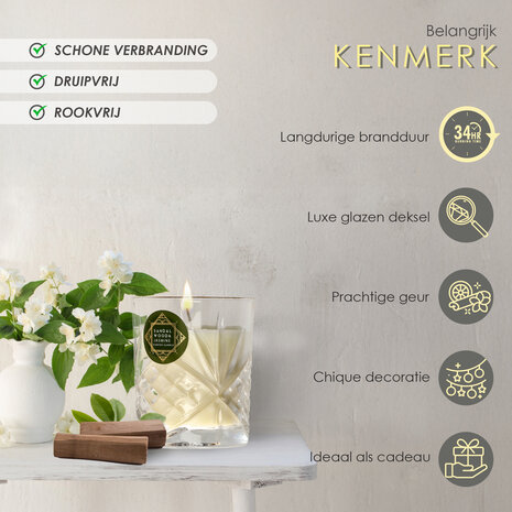 Merkloos Geurkaars in Glas sandalwood Jasmine - Luxe Scented Candle - 34 uur Brandduur