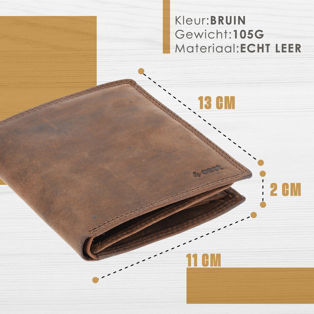 4 East Portemonnee Heren met Muntvak - Choco Bruin - RFID Anti-Skim Portemonnee - 14 Pasjeshouder - Echt Leer