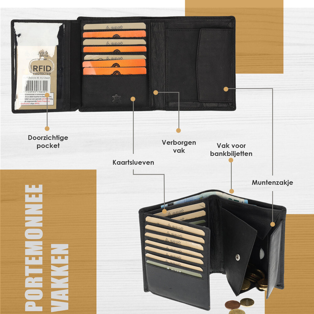 4 East Pure Leather Wallet with Coin Pocket - RFID Technology - 4East Black Men's Wallet with 14 Creditcard Slots 4 East Pure Leather Wallet with Coin Pocket - RFID Technology - 4East Black Men's Wallet with 14 Creditcard Slots