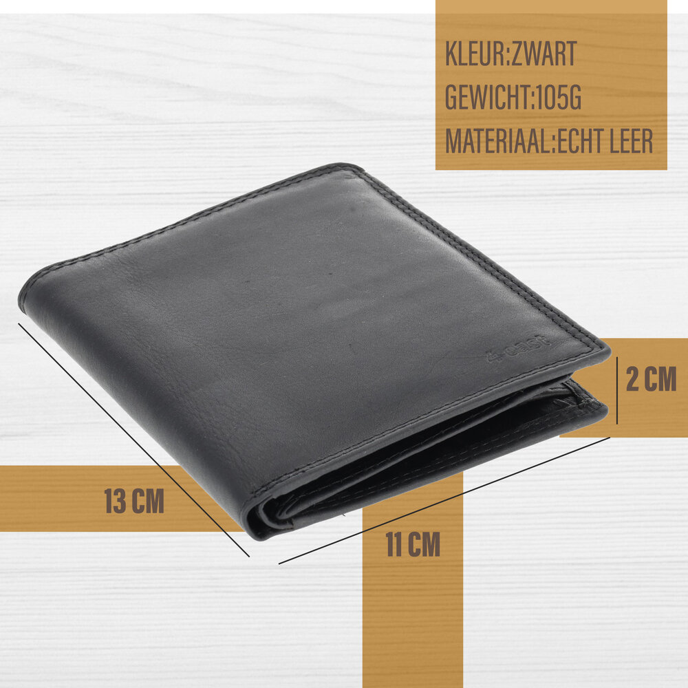 4 East Heren Portemonnee met Muntenvak - Leren Portemonnee RFID - 4East Zwarte Portemonnee met 14 Pasjeshouder 4 East Heren Portemonnee met Muntenvak - Leren Portemonnee RFID - 4East Zwarte Portemonnee met 14 Pasjeshouder