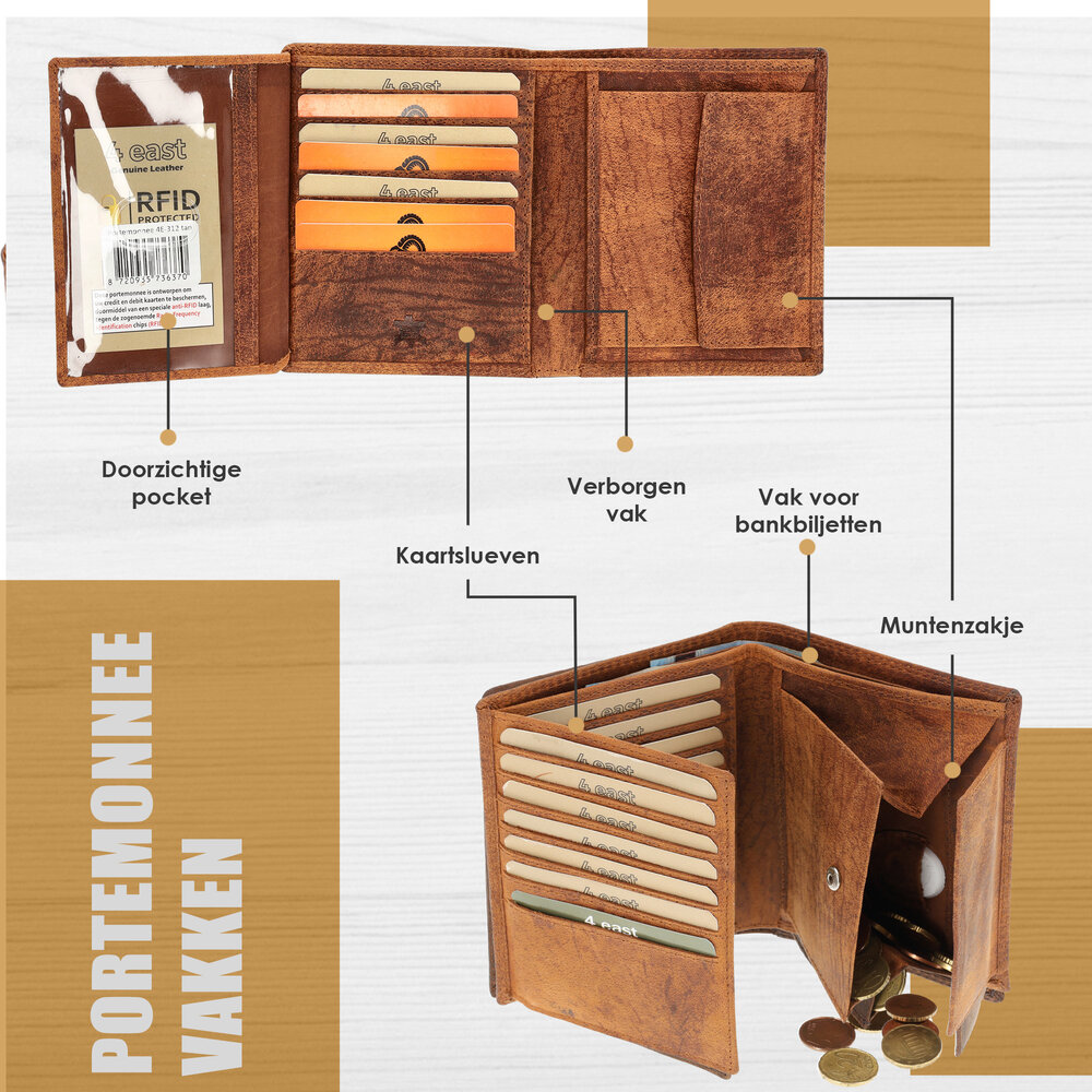 4 East Genuine Leather Mens Wallet - Tan Leather Wallet with 14 Card Slots - Billfold Wallet with RFID