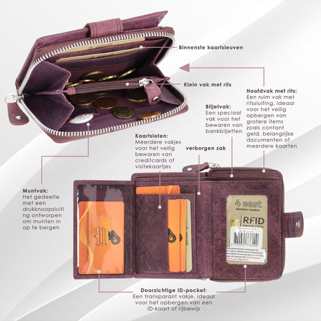 4 East Unisex Leather Wallet - Purple Pure Leather with Zipper - RFID Anti-Skim - 7 Card Slots, Bill Compartment & Coin Pocket - Perfect Christmas Gift - 13.5x10cm 4 East Unisex Leather Wallet - Purple Pure Leather with Zipper - RFID Anti-Skim - 7 Card Slots, Bill Compartment & Coin Pocket - Perfect Christmas Gift - 13.5x10cm