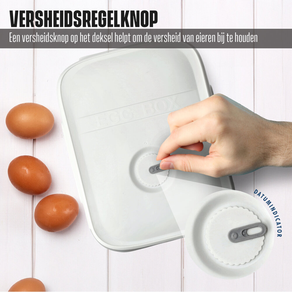 Discountershop Lidded Egg Container for Fridge - 18 Eggs - Space Saving Refrigerator Egg Roller with Freshness Indicator - Grey Discountershop Lidded Egg Container for Fridge - 18 Eggs - Space Saving Refrigerator Egg Roller with Freshness Indicator - Grey