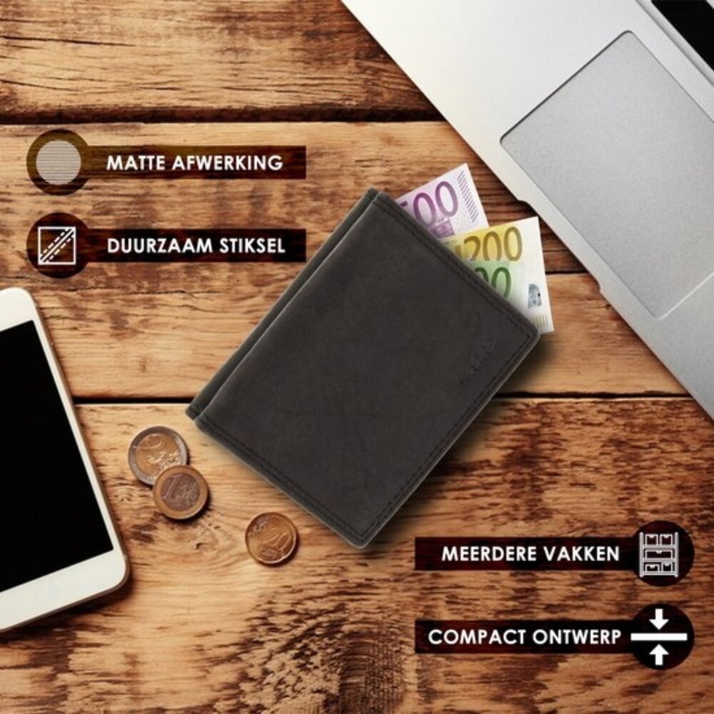 4 East  Leren Portemonnee Heren en Dames - Met Vierkant Muntvak en RFID Bescherming - Zwart - 9,5 x 7,5 cm - 6 Kaartvakken - 2 Biljetvakken 4 East  Leren Portemonnee Heren en Dames - Met Vierkant Muntvak en RFID Bescherming - Zwart - 9,5 x 7,5 cm - 6 Kaartvakken - 2 Biljetvakken