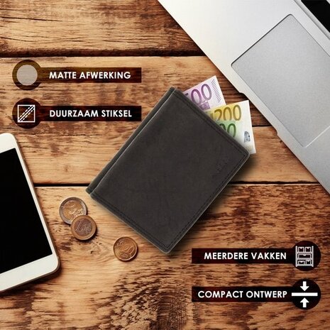4 East  Leren Portemonnee Heren en Dames - Met Vierkant Muntvak en RFID Bescherming - Zwart - 9,5 x 7,5 cm - 6 Kaartvakken - 2 Biljetvakken 4 East  Leren Portemonnee Heren en Dames - Met Vierkant Muntvak en RFID Bescherming - Zwart - 9,5 x 7,5 cm - 6 Kaartvakken - 2 Biljetvakken