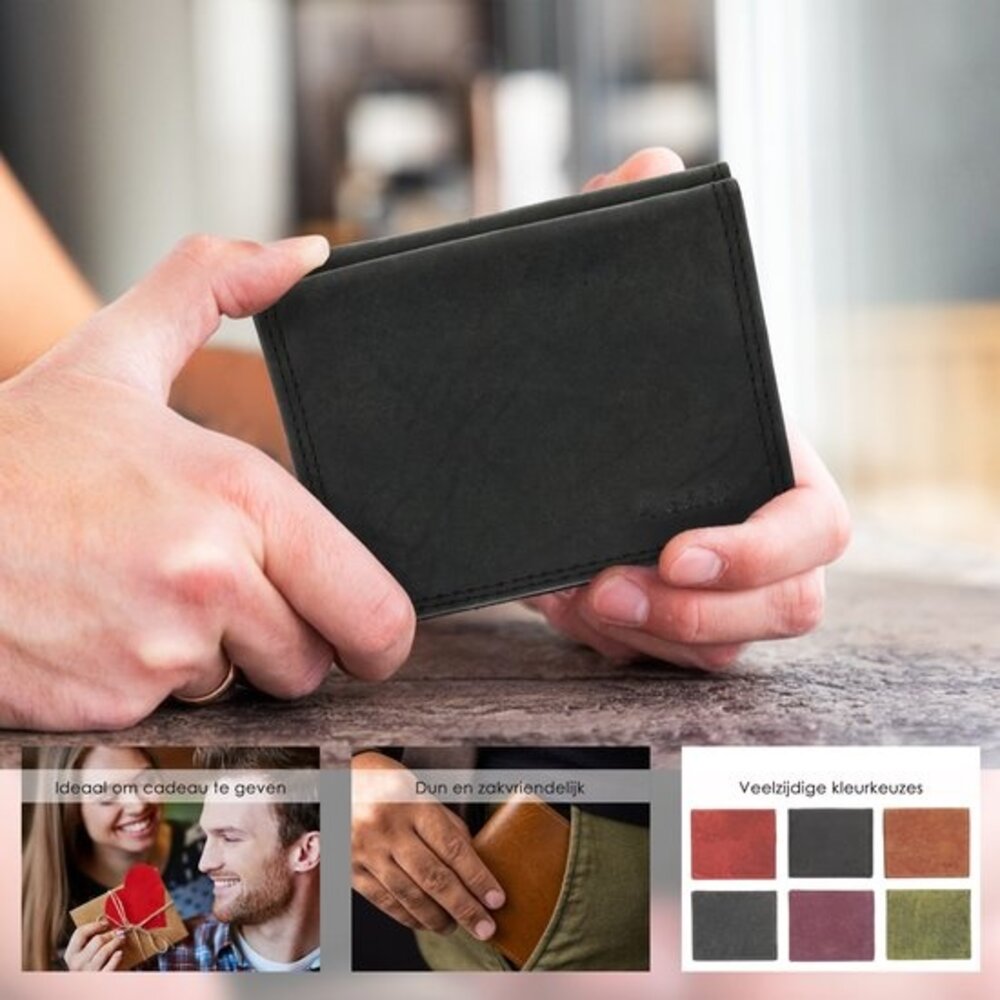 4 East  Leren Portemonnee Heren en Dames - Met Vierkant Muntvak en RFID Bescherming - Zwart - 9,5 x 7,5 cm - 6 Kaartvakken - 2 Biljetvakken 4 East  Leren Portemonnee Heren en Dames - Met Vierkant Muntvak en RFID Bescherming - Zwart - 9,5 x 7,5 cm - 6 Kaartvakken - 2 Biljetvakken