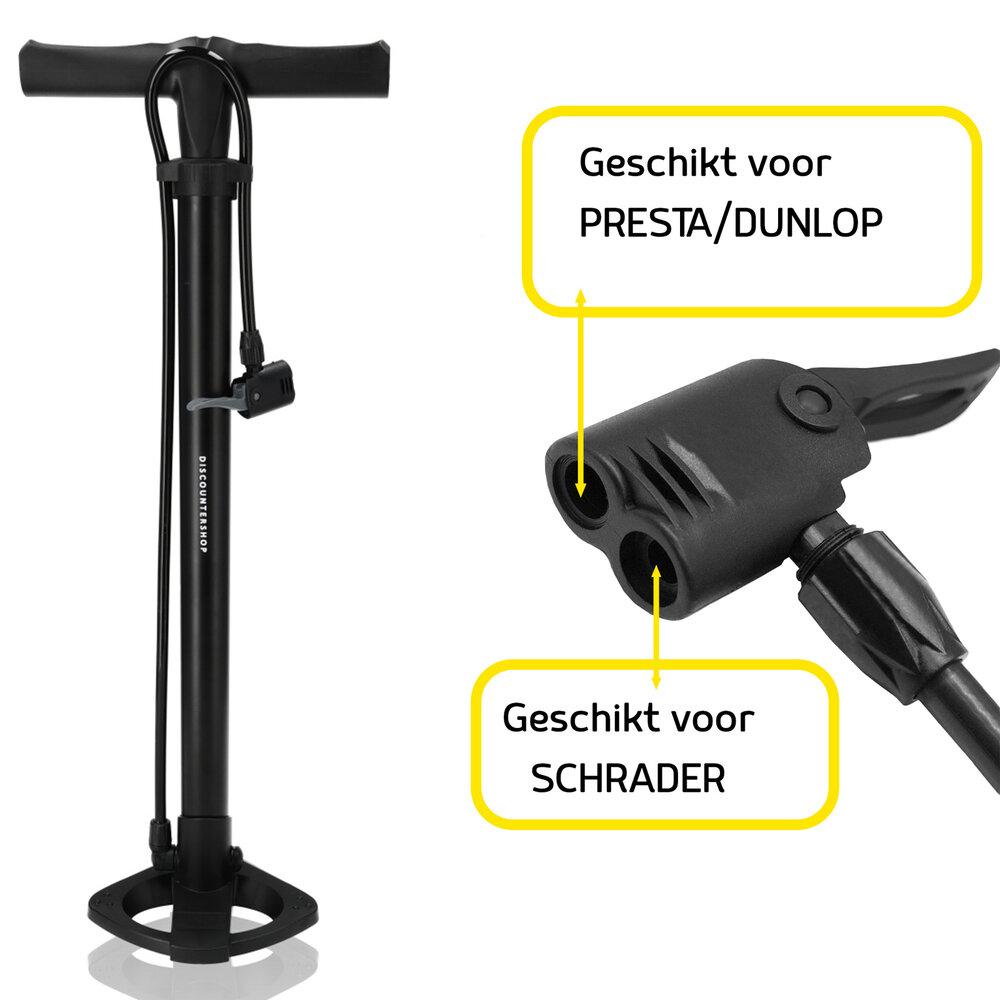 Discountershop Bicycle Floor Pump without Pressure Gauge - Suitable for All Valves - Double Pump Head - Ideal for Road Bike, Ball & Airbed - 12 Bar - Black Discountershop Bicycle Floor Pump without Pressure Gauge - Suitable for All Valves - Double Pump Head - Ideal for Road Bike, Ball & Airbed - 12 Bar - Black