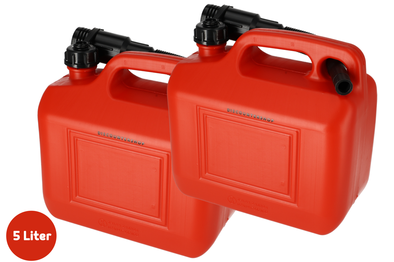 Discountershop Fuel Jerry Can 5 Liter - Set of 2 - Red Gasoline Can with Pouring Spout - Plastic Plastic Jerry Can with Lockable Hood Discountershop Fuel Jerry Can 5 Liter - Set of 2 - Red Gasoline Can with Pouring Spout - Plastic Plastic Jerry Can with Lockable Hood