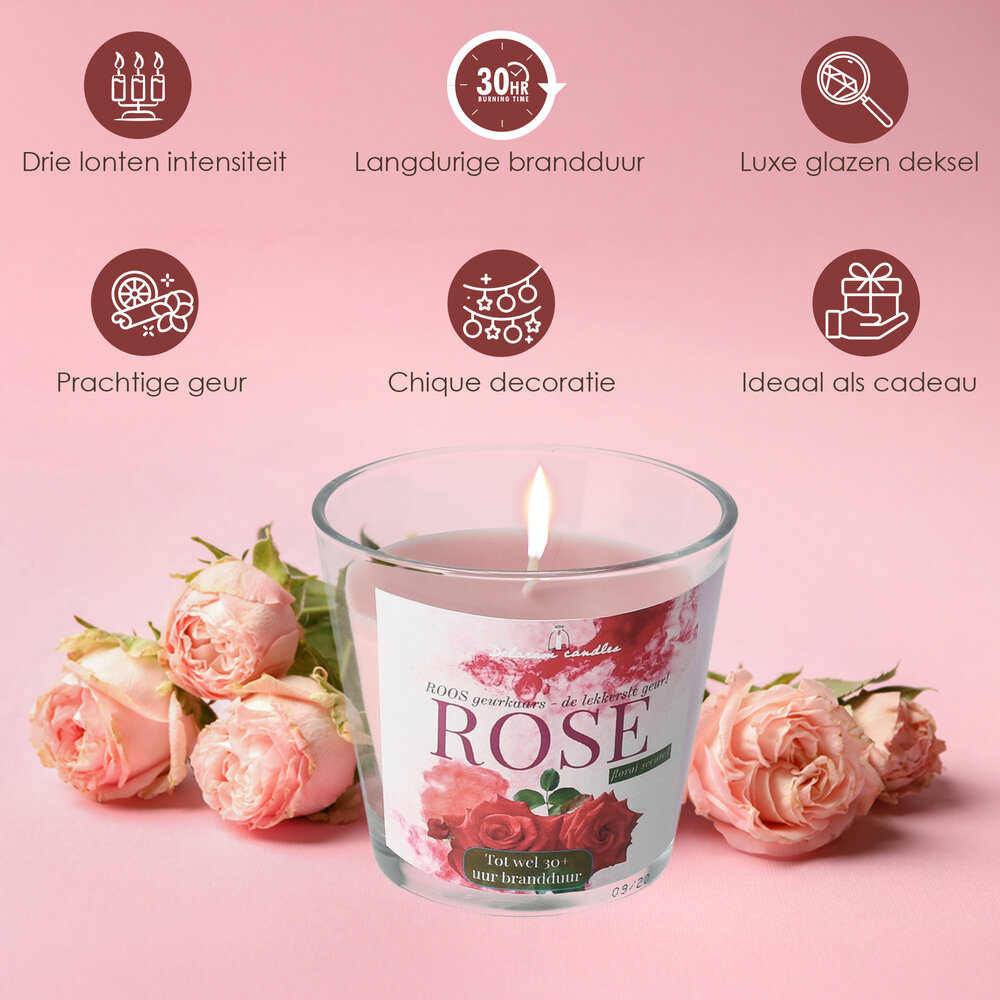 Delaram Luxe Geurkaars in Glas - 30 uur Branduren - Rose Geurkaars - Romantische Kaarsen voor Vrouwen & Mannen