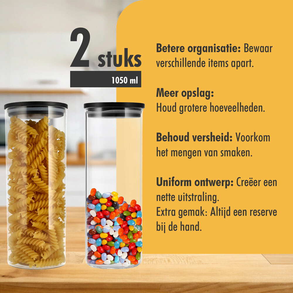 Discountershop Glazen Voorraadpotten 1050ML - Set van 2  | BPA-vrij | Luchtdichte Bussen met Bamboe Deksel