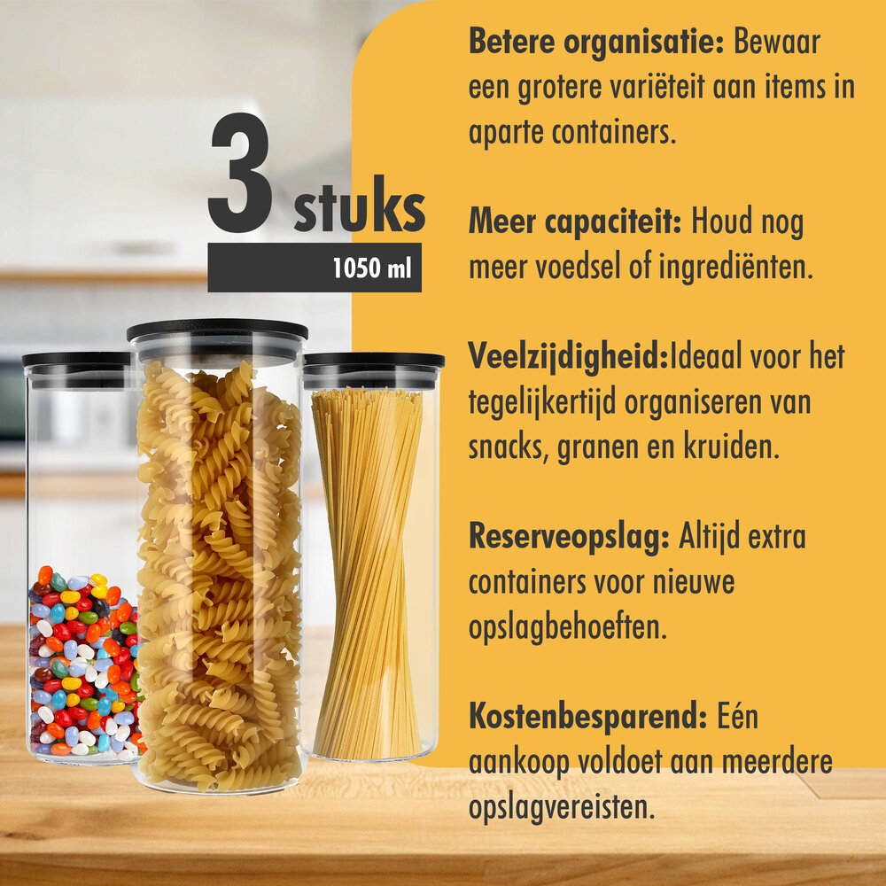 Discountershop Glazen Voorraadpotten 1050ML - Set van 3  | BPA-vrij | Bewaarpot voor o.a. Pasta, Rijst, Koffie Discountershop Glazen Voorraadpotten 1050ML - Set van 3  | BPA-vrij | Bewaarpot voor o.a. Pasta, Rijst, Koffie
