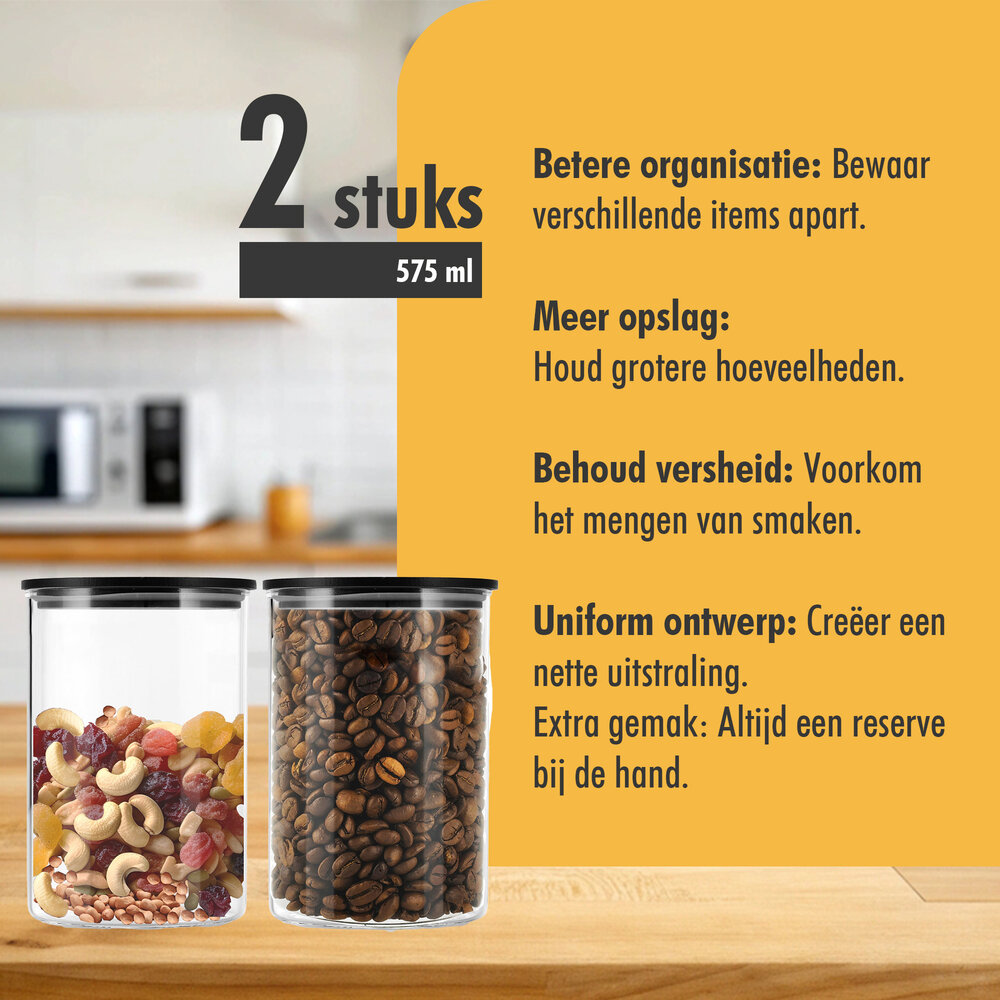 Discountershop Glass Storage Jars - Set of 2 - 575ml Each | BPA-free | Storage Containers with Airtight Bamboo Lid