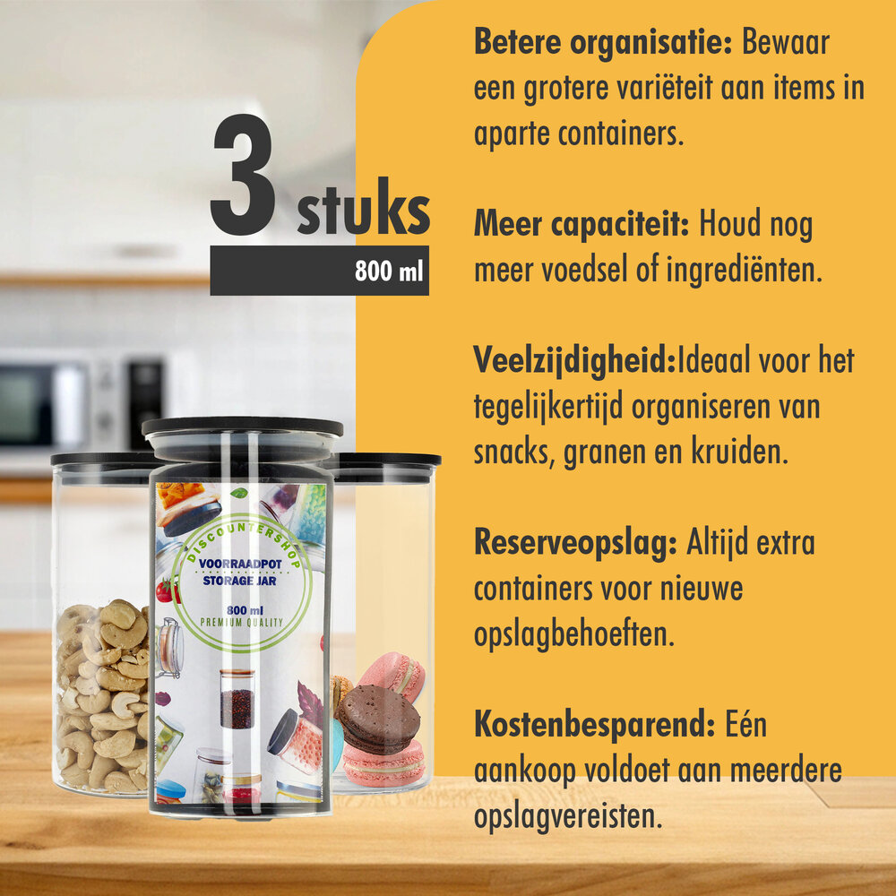 Discountershop Glazen Voorraadbussen 800ML | BPA-vrij Luchtdicht & Vaatwasserbestendig | Set van 3 Voorraadpotten Discountershop Glazen Voorraadbussen 800ML | BPA-vrij Luchtdicht & Vaatwasserbestendig | Set van 3 Voorraadpotten