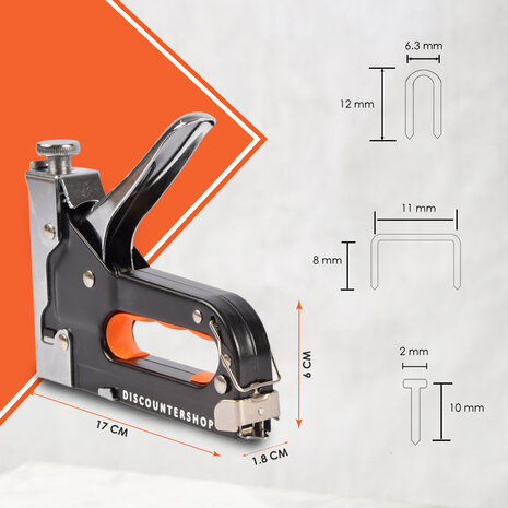 Discountershop Handtacker Set | Metaal Nietpistool Met 1000 Nietjes | 3 Soorten Nietjes - 10, 11 & 12 mm | Instelbare Schietkracht Discountershop Handtacker Set | Metaal Nietpistool Met 1000 Nietjes | 3 Soorten Nietjes - 10, 11 & 12 mm | Instelbare Schietkracht