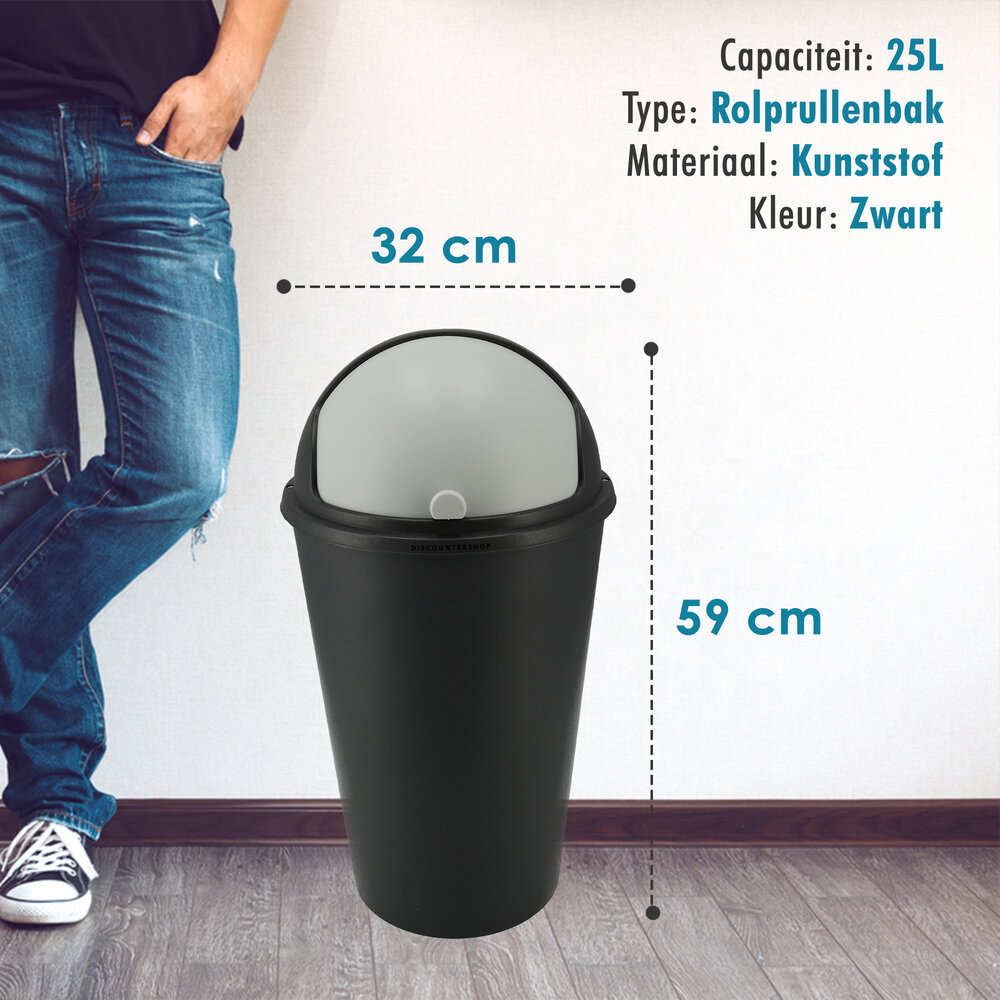 Discountershop Roll Waste Bin 25 Liters with Sliding Lid - Black/Anthracite Roll Waste Bin with Lid