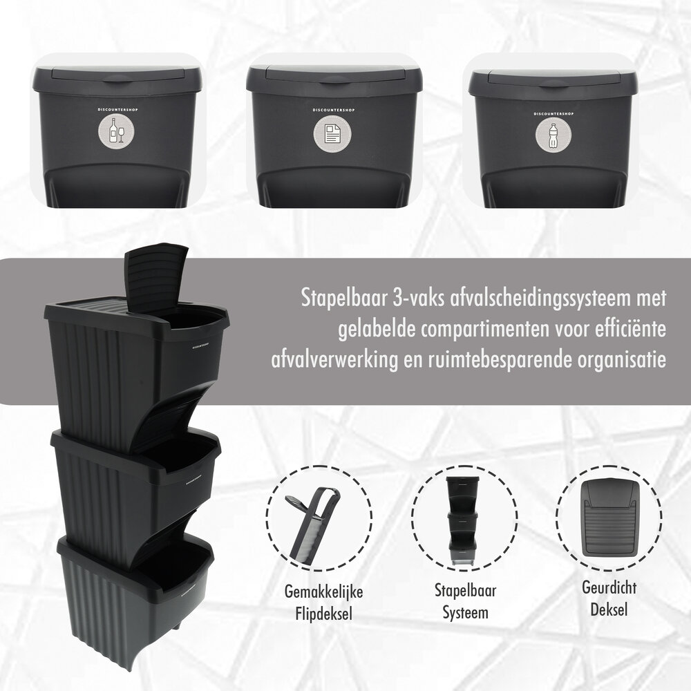 Discountershop Stapelbare Prullenbakken Zwart - Set van 3 x 22 Liter Afvalscheidingsbakken - Ideaal voor Recycling en Afvalbeheer Discountershop Stapelbare Prullenbakken Zwart - Set van 3 x 22 Liter Afvalscheidingsbakken - Ideaal voor Recycling en Afvalbeheer