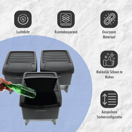 Discountershop Stapelbare Prullenbakken Zwart - Set van 3 x 22 Liter Afvalscheidingsbakken - Ideaal voor Recycling en Afvalbeheer Discountershop Stapelbare Prullenbakken Zwart - Set van 3 x 22 Liter Afvalscheidingsbakken - Ideaal voor Recycling en Afvalbeheer