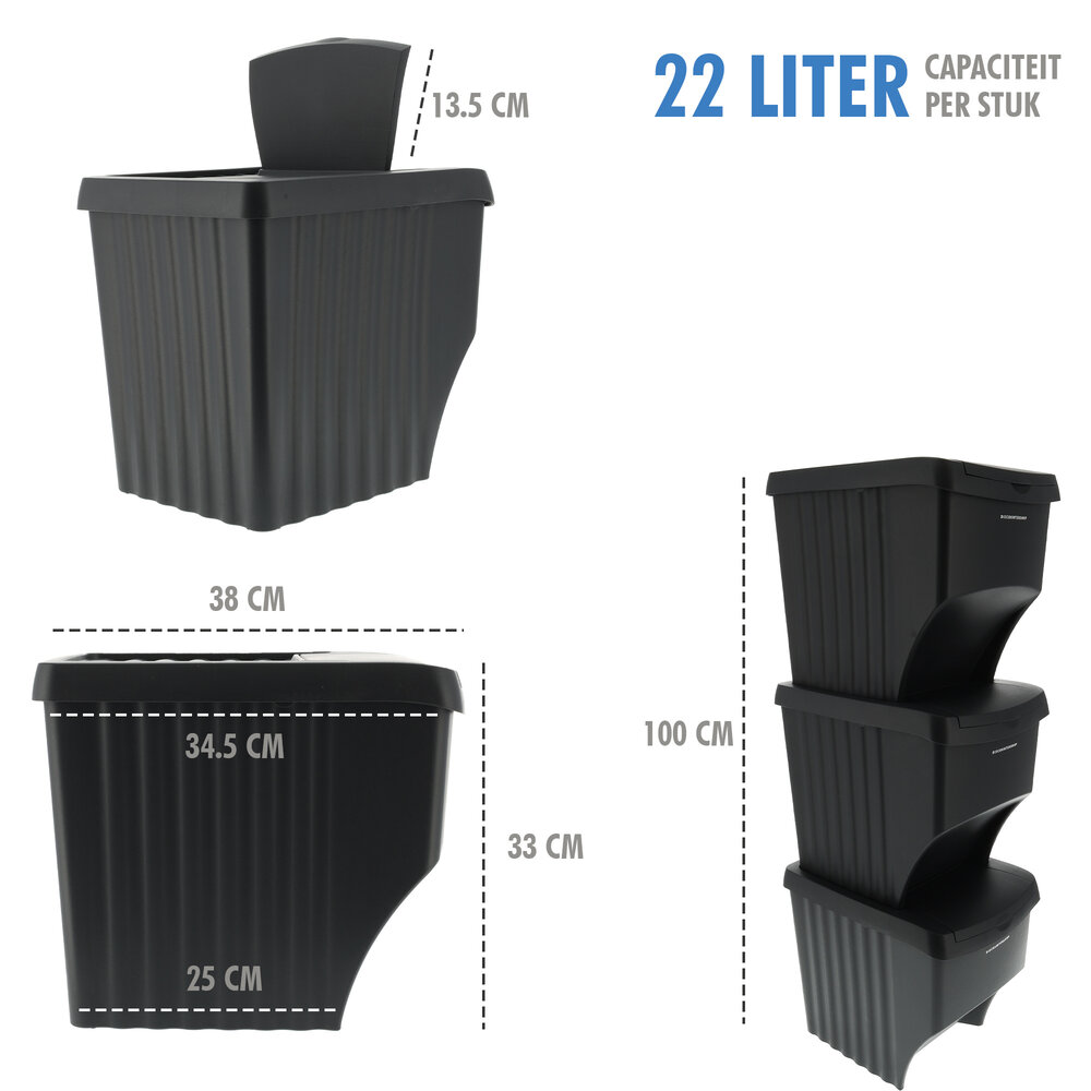 Discountershop Stapelbare Prullenbakken Zwart - Set van 3 x 22 Liter Afvalscheidingsbakken - Ideaal voor Recycling en Afvalbeheer Discountershop Stapelbare Prullenbakken Zwart - Set van 3 x 22 Liter Afvalscheidingsbakken - Ideaal voor Recycling en Afvalbeheer