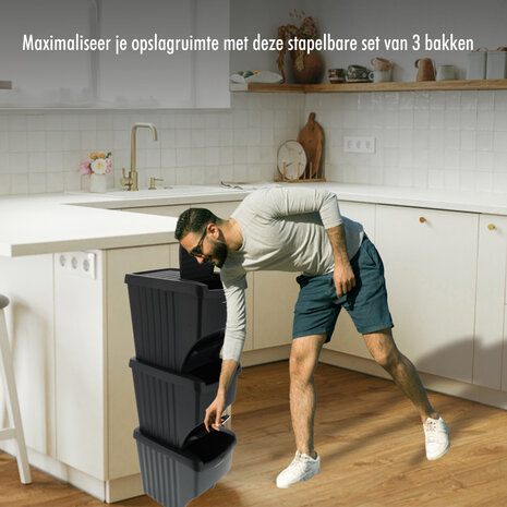 Discountershop Stapelbare Prullenbakken Zwart - Set van 3 x 22 Liter Afvalscheidingsbakken - Ideaal voor Recycling en Afvalbeheer Discountershop Stapelbare Prullenbakken Zwart - Set van 3 x 22 Liter Afvalscheidingsbakken - Ideaal voor Recycling en Afvalbeheer