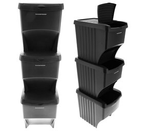 Discountershop Stapelbare Prullenbakken Zwart - Set van 3 x 22 Liter Afvalscheidingsbakken - Ideaal voor Recycling en Afvalbeheer Discountershop Stapelbare Prullenbakken Zwart - Set van 3 x 22 Liter Afvalscheidingsbakken - Ideaal voor Recycling en Afvalbeheer