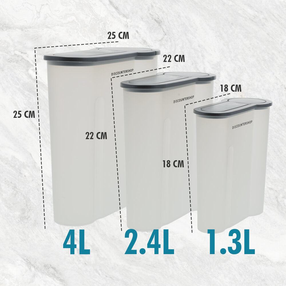 Discountershop Voorraadpotten Kunststof 3-Delig - BPA Vrij - Luchtdichte Strooibussen Set - 4L, 2.4L, 1.3L - Ideaal voor Granen & Voorraadkast Discountershop Voorraadpotten Kunststof 3-Delig - BPA Vrij - Luchtdichte Strooibussen Set - 4L, 2.4L, 1.3L - Ideaal voor Granen & Voorraadkast