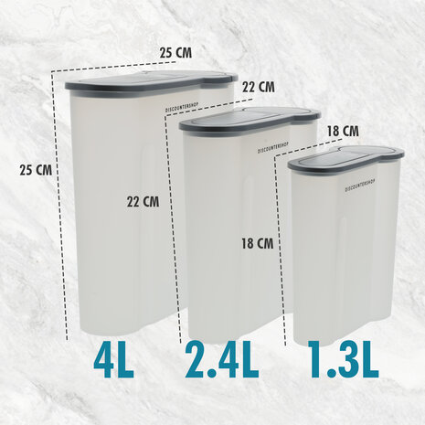 Discountershop Voorraadpotten Kunststof 3-Delig - BPA Vrij - Luchtdichte Strooibussen Set - 4L, 2.4L, 1.3L - Ideaal voor Granen & Voorraadkast Discountershop Voorraadpotten Kunststof 3-Delig - BPA Vrij - Luchtdichte Strooibussen Set - 4L, 2.4L, 1.3L - Ideaal voor Granen & Voorraadkast