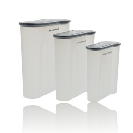 Discountershop Voorraadpotten Kunststof 3-Delig - BPA Vrij - Luchtdichte Strooibussen Set - 4L, 2.4L, 1.3L - Ideaal voor Granen & Voorraadkast Discountershop Voorraadpotten Kunststof 3-Delig - BPA Vrij - Luchtdichte Strooibussen Set - 4L, 2.4L, 1.3L - Ideaal voor Granen & Voorraadkast