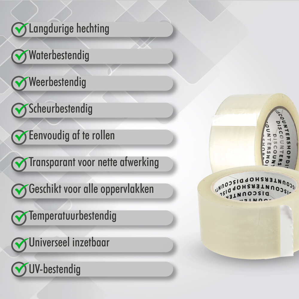 Discountershop Verpakkingstape Transparant 50mm x 66m - 6 Rollen Sterk Plakband - Low Noise PP Tape voor Verpakken & Verzenden Discountershop Verpakkingstape Transparant 50mm x 66m - 6 Rollen Sterk Plakband - Low Noise PP Tape voor Verpakken & Verzenden