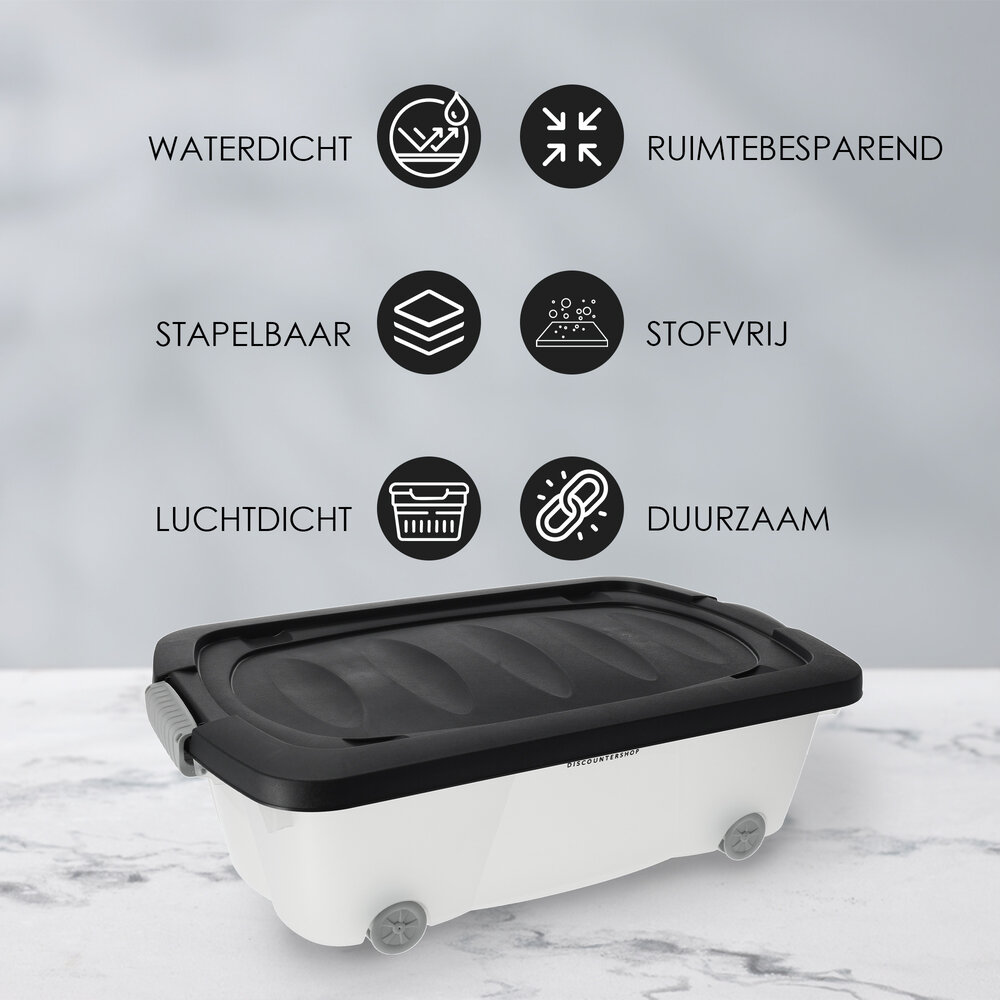 Discountershop Stackable Transparent & Black Underbed Boxes with Wheels - Set of 2 | Plastic Storage Boxes with Loose Lid Discountershop Stackable Transparent & Black Underbed Boxes with Wheels - Set of 2 | Plastic Storage Boxes with Loose Lid