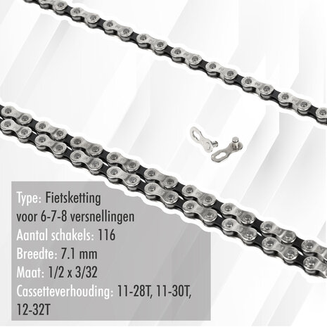 Discountershop Fietsketting 6-7-8 Speed - 116 Schakels - Verbindingsschakel Inclusief - Maat 1/2 x 3/32 - 7.1 mm Discountershop Fietsketting 6-7-8 Speed - 116 Schakels - Verbindingsschakel Inclusief - Maat 1/2 x 3/32 - 7.1 mm